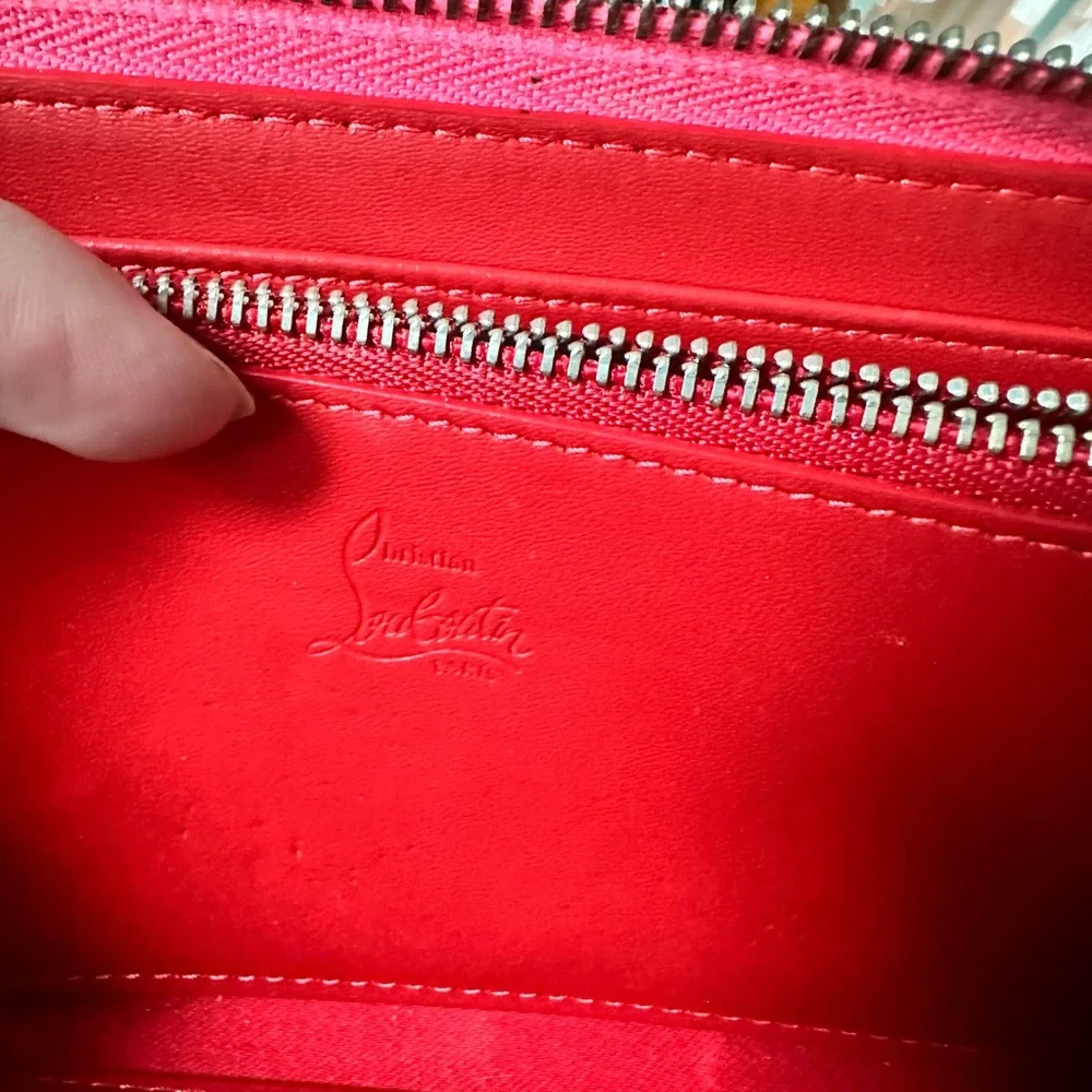 Christian Louboutin RARE COLOR Neon Pink Studded Wallet zip Card Holder - Picture 11 of 13
